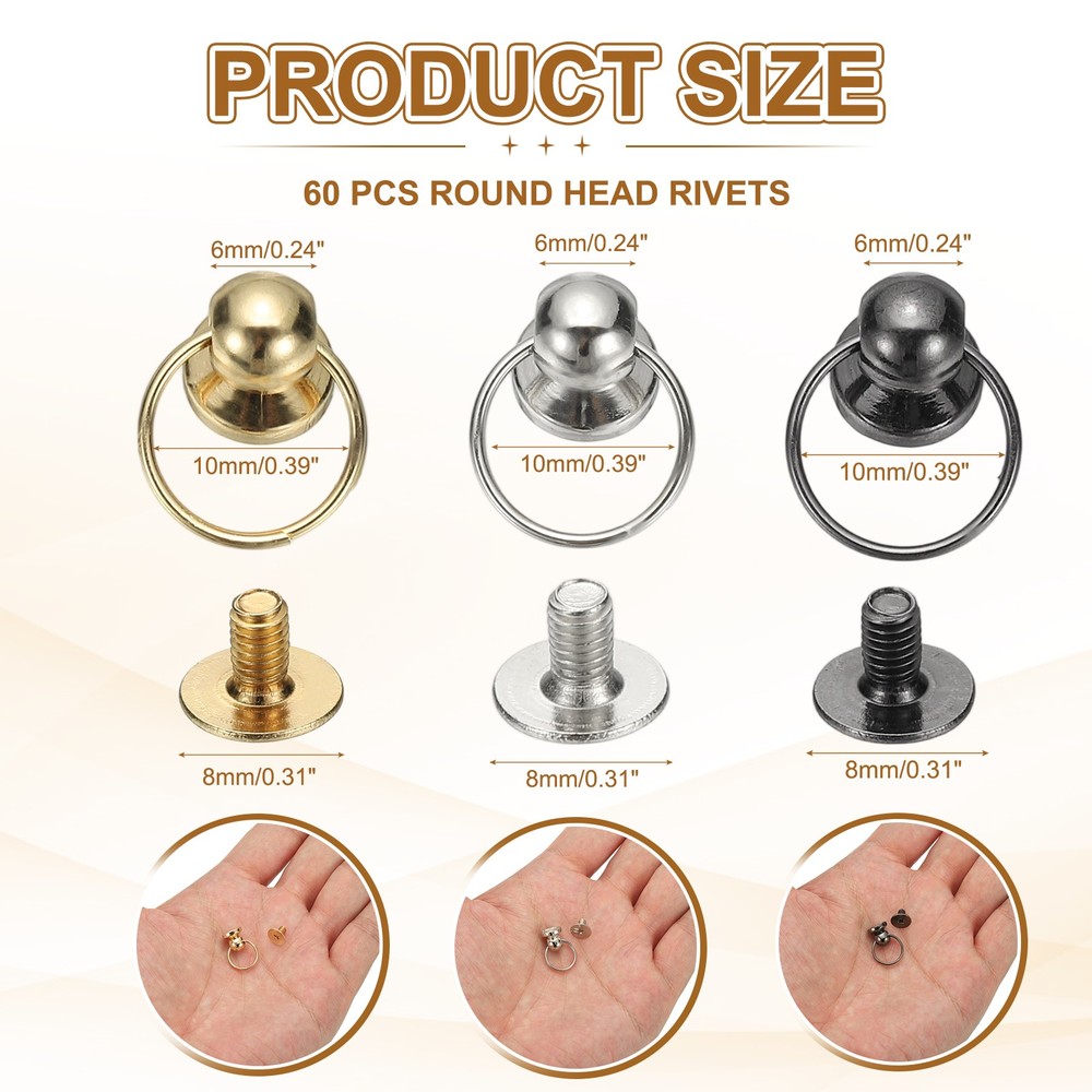 60 Pcs 0.31" Screwback Round Head Rivet with Single Ring , Multiple Colors