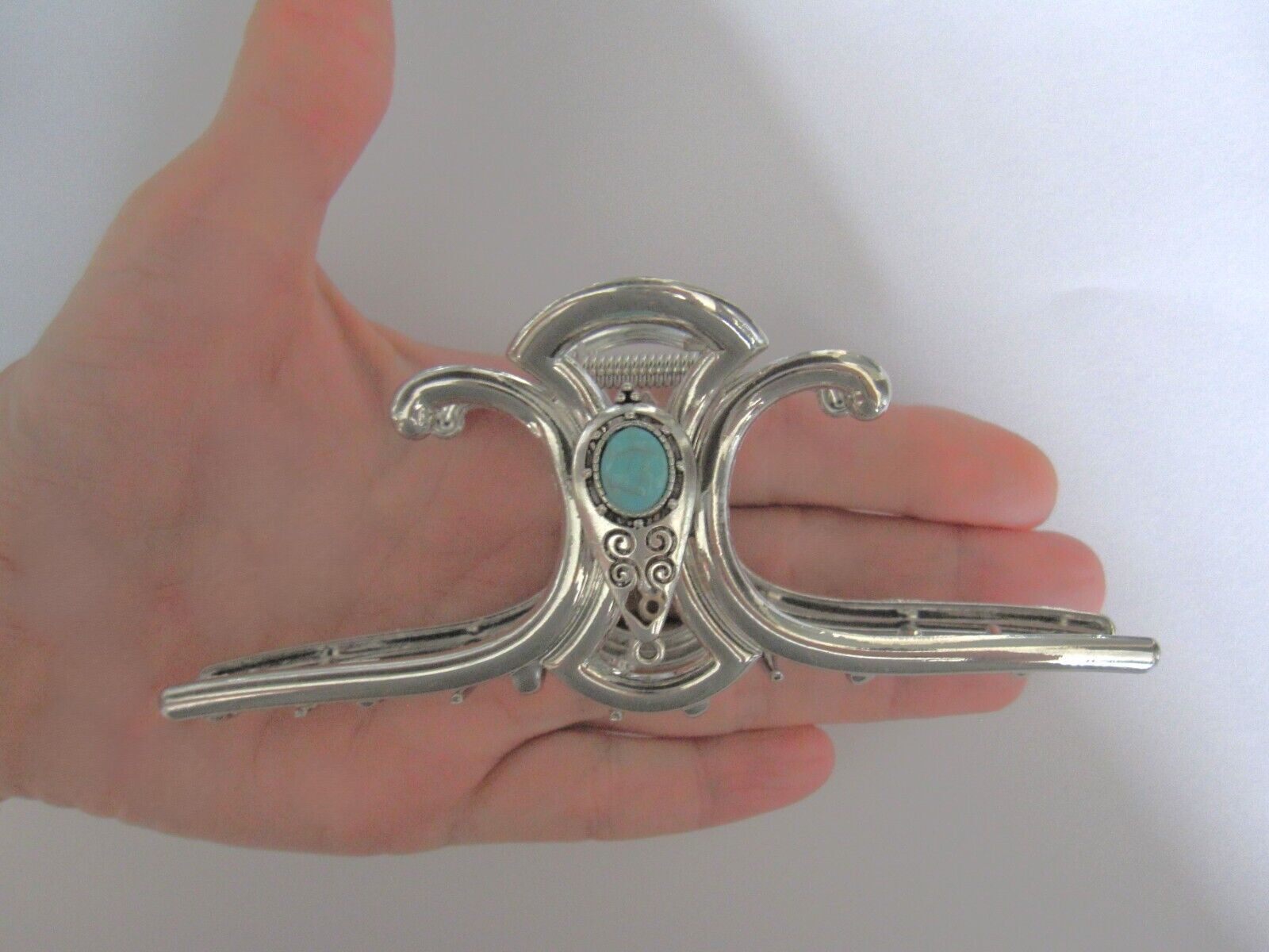 Extra large hair claw clip silver turquoise blue stone metal native western