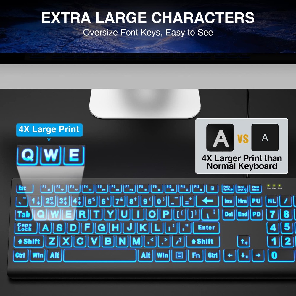 SABLUTE Large Print Backlit Keyboard Wired USB Lighted Computer Keyboards with