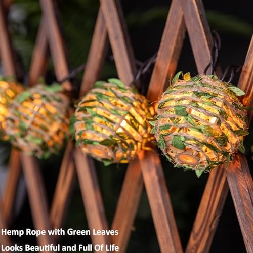 Decorative Lantern String Lights, Outdoor Plug Hemp Rope with Green Leaf Balls