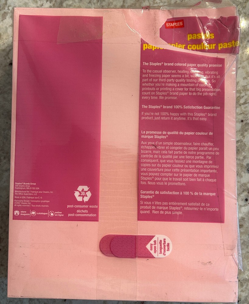 Staples Bright Pastel Pink 20lb 500 sheet