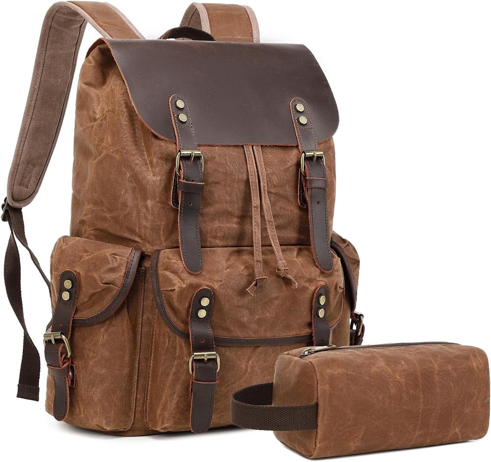Genuine Leather Backpack for Men, Waxed Canvas Shoulder Rucksack...