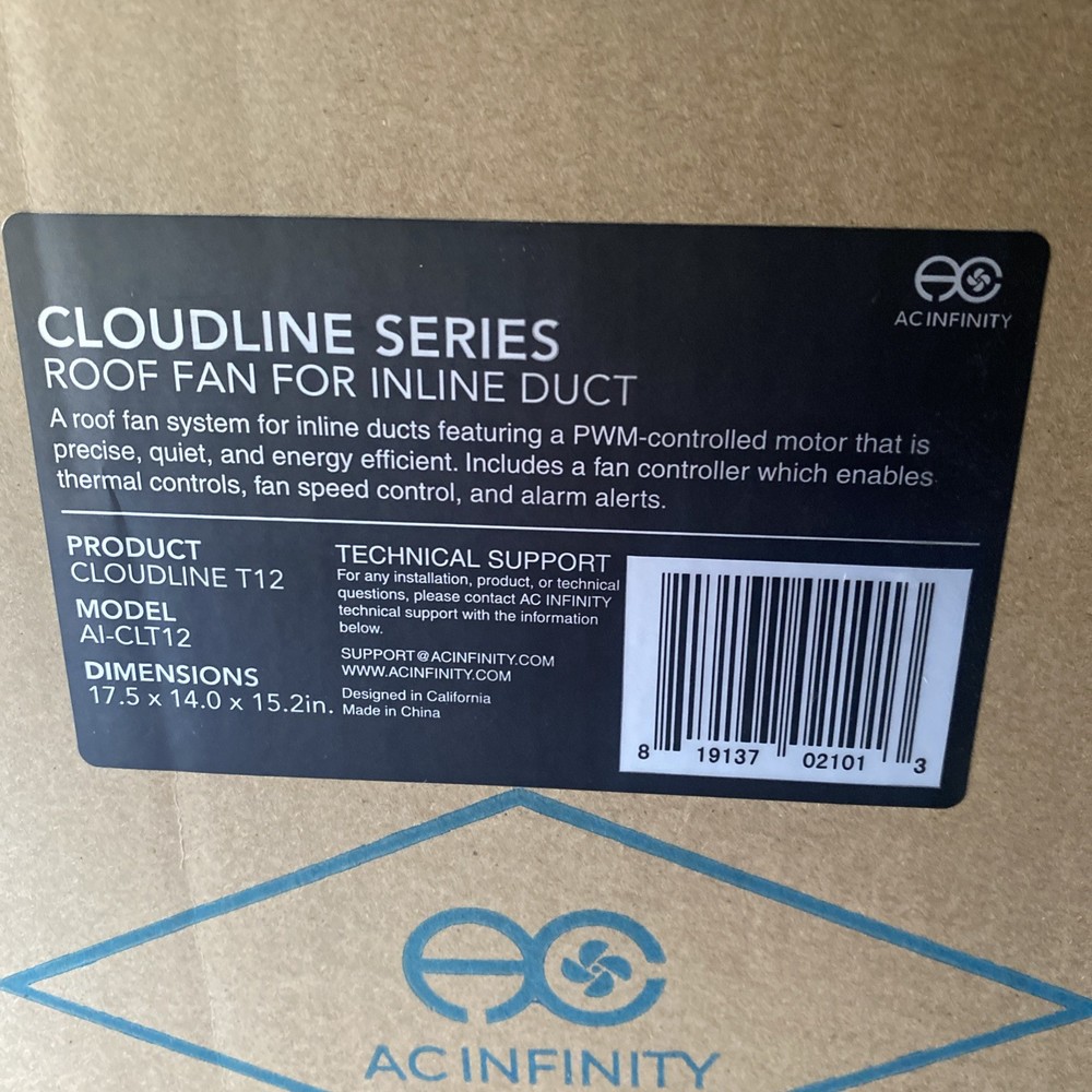 New AC Infinity Cloudline S12 AI-CLT12 Inline Fan System w/Controller AC-UNC529