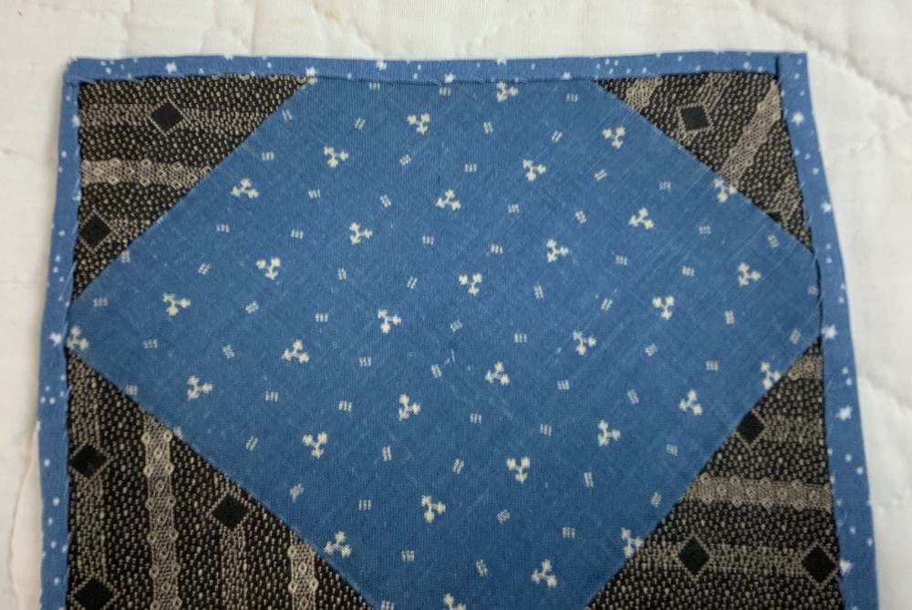 Antique Patchwork Quilt Table Topper, Early Calicos, Blue & Black, Triangles