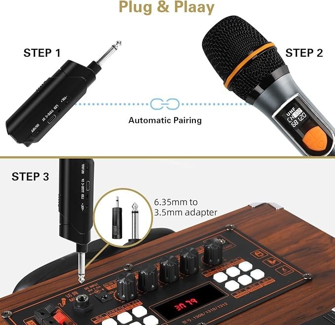 Wireless Microphone UHF Dual Handheld Dynamic Mic System Receiver Rechargeable
