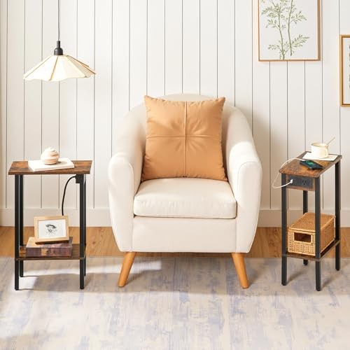 Narrow Side Table, 2-Tier Slim End Table with Charging 1 Rustic Brown + Black
