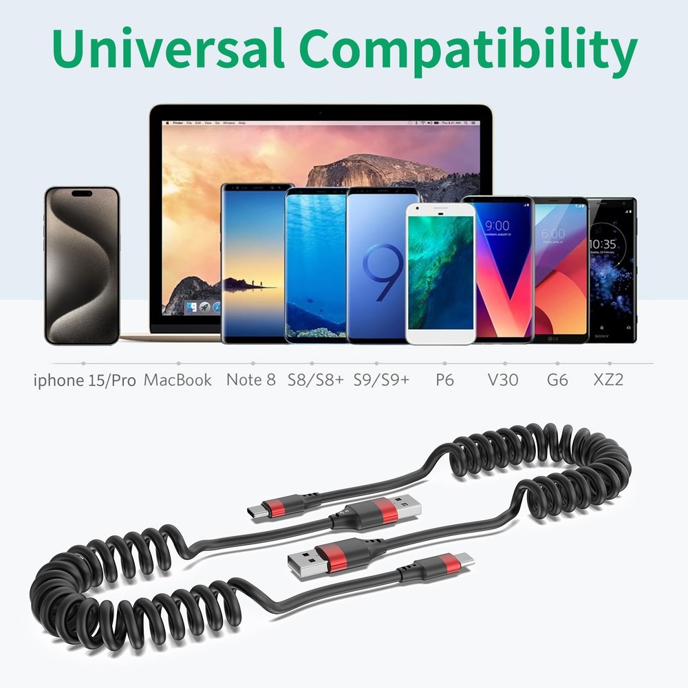 Coiled USB C Cable for Car, 2 Pack Type C Fast 3 FT, Black