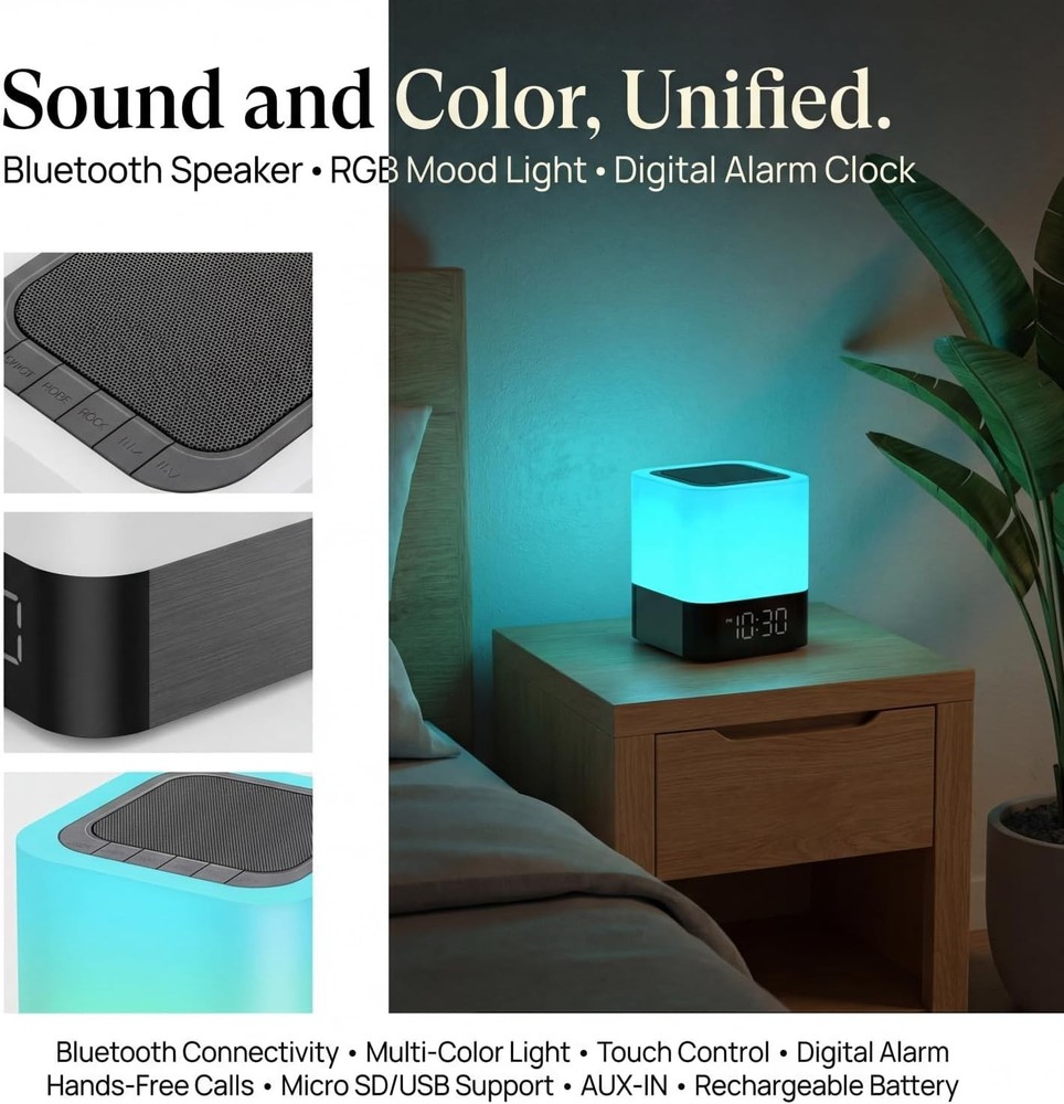 Wireless 5-Watt Bluetooth Speaker with Adjustable Brightness Night Light & Alarm