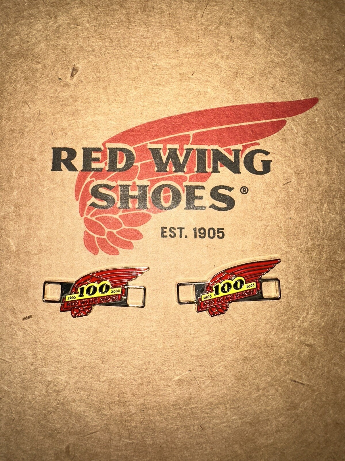 ONE PAIR RED WING SHOES 100 YEAR ANNIVERSARY BOOT LACE SHOE KEEPER CHARMS USA