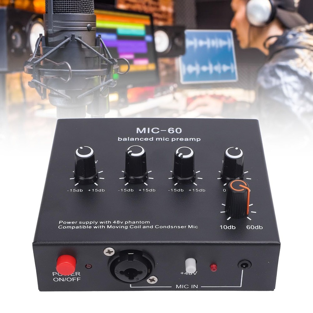 "60dB Microphone Preamp with 48V Power, 3 Inputs, XLR, 3.5mm, 6.35mm Interface"