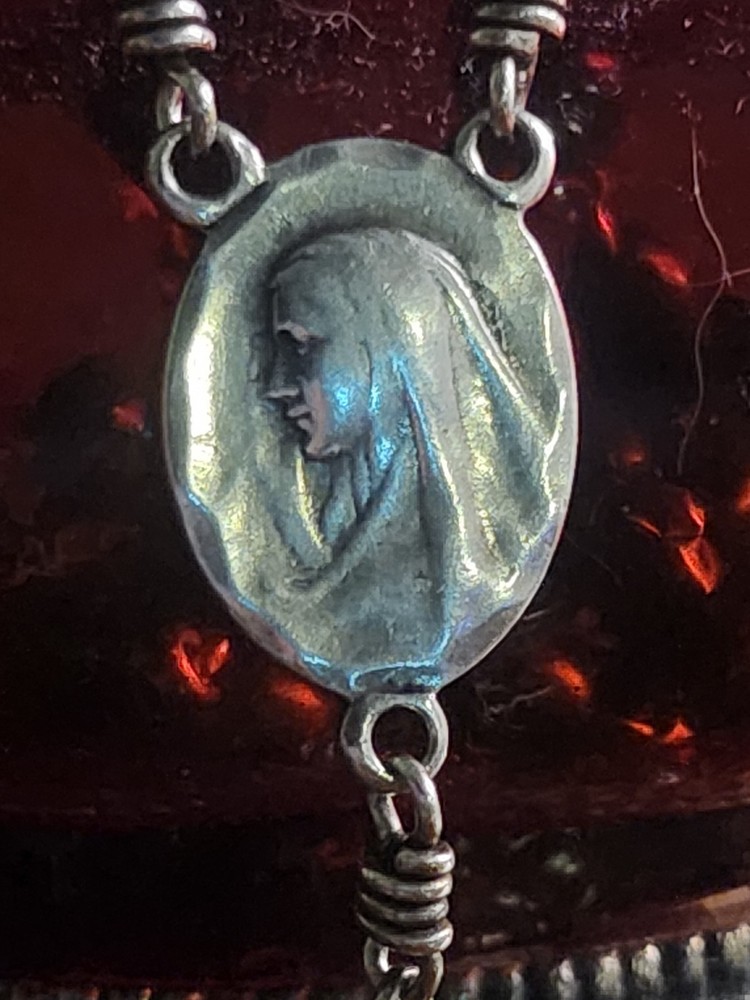 Vintage Sterling Silver Celluloid Bead Rosary & Vtg Red Moroccan Blown Glass Box