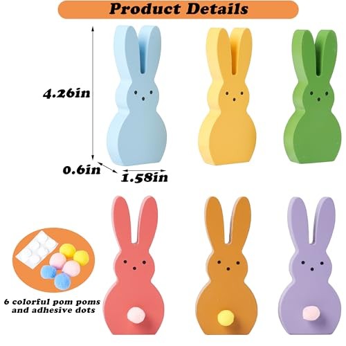 Easter Decorations Bunny Figurine, Wooden Bunny Decor for Set of 6 Multi-color