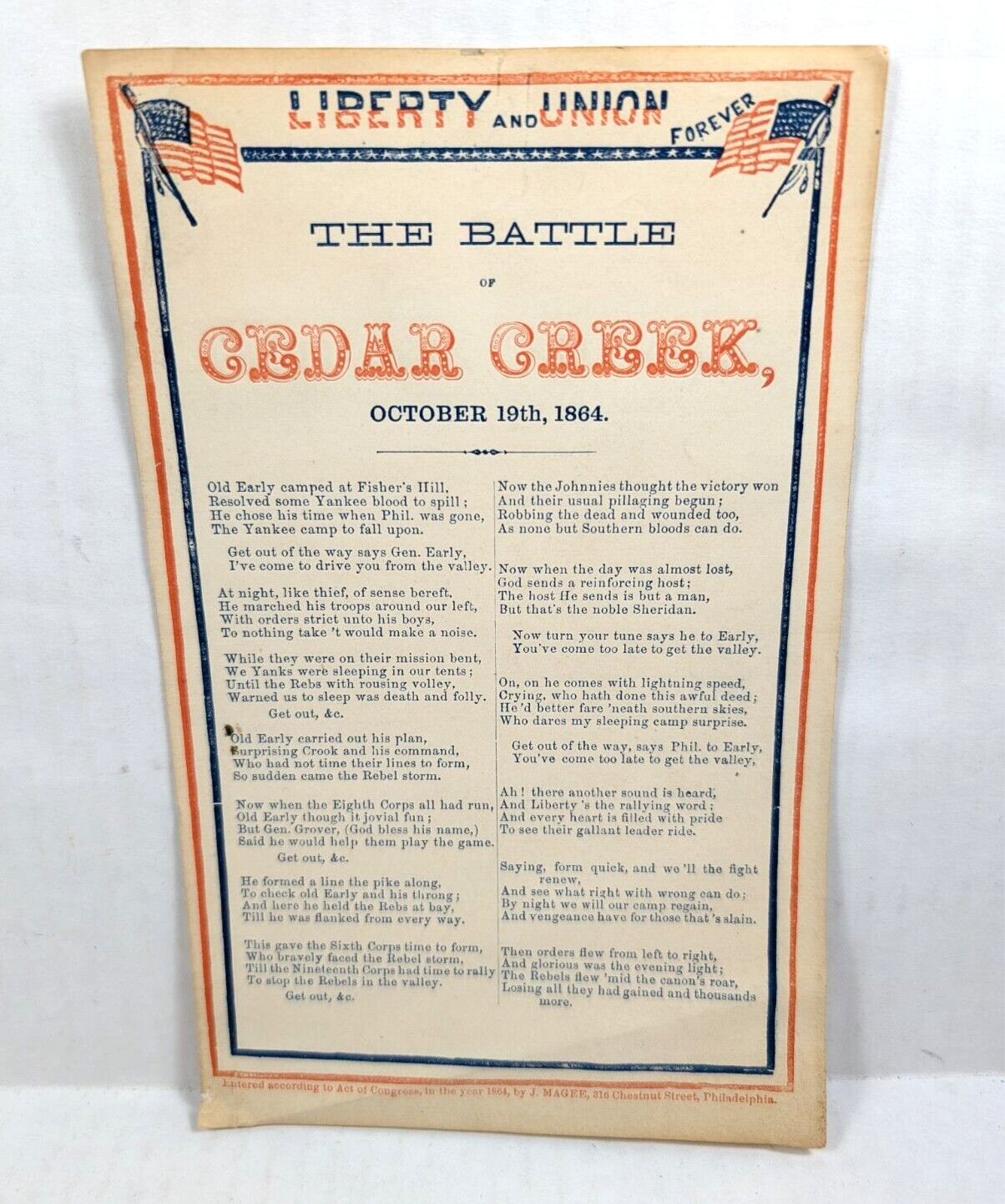 Civil War Liberty and Union Forever The Battle of Cedar Creek Song Sheet 1864