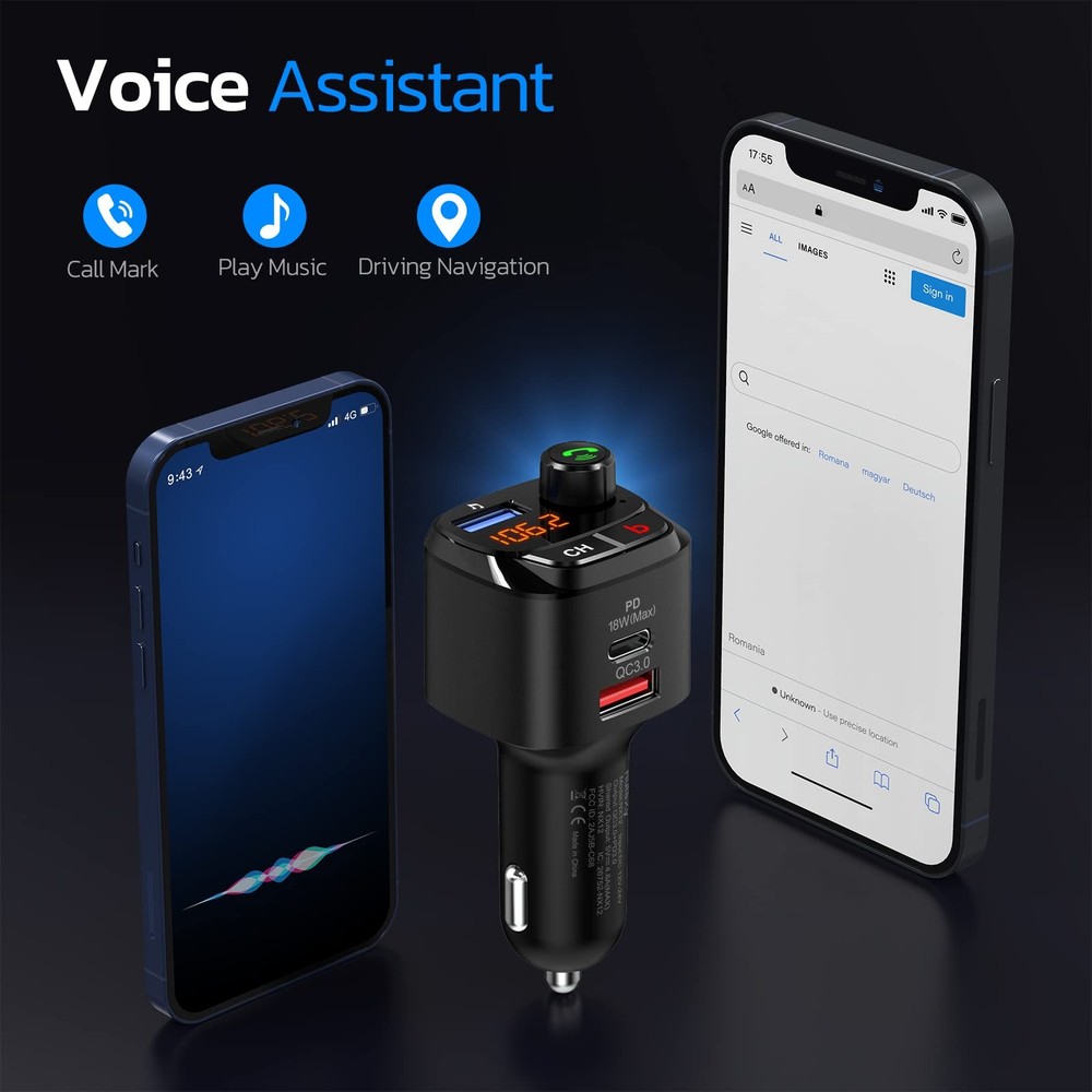 Nulaxy Bluetooth 5.0 FM Transmitter for Car, QC3.0 & USB-C PD Small, Black