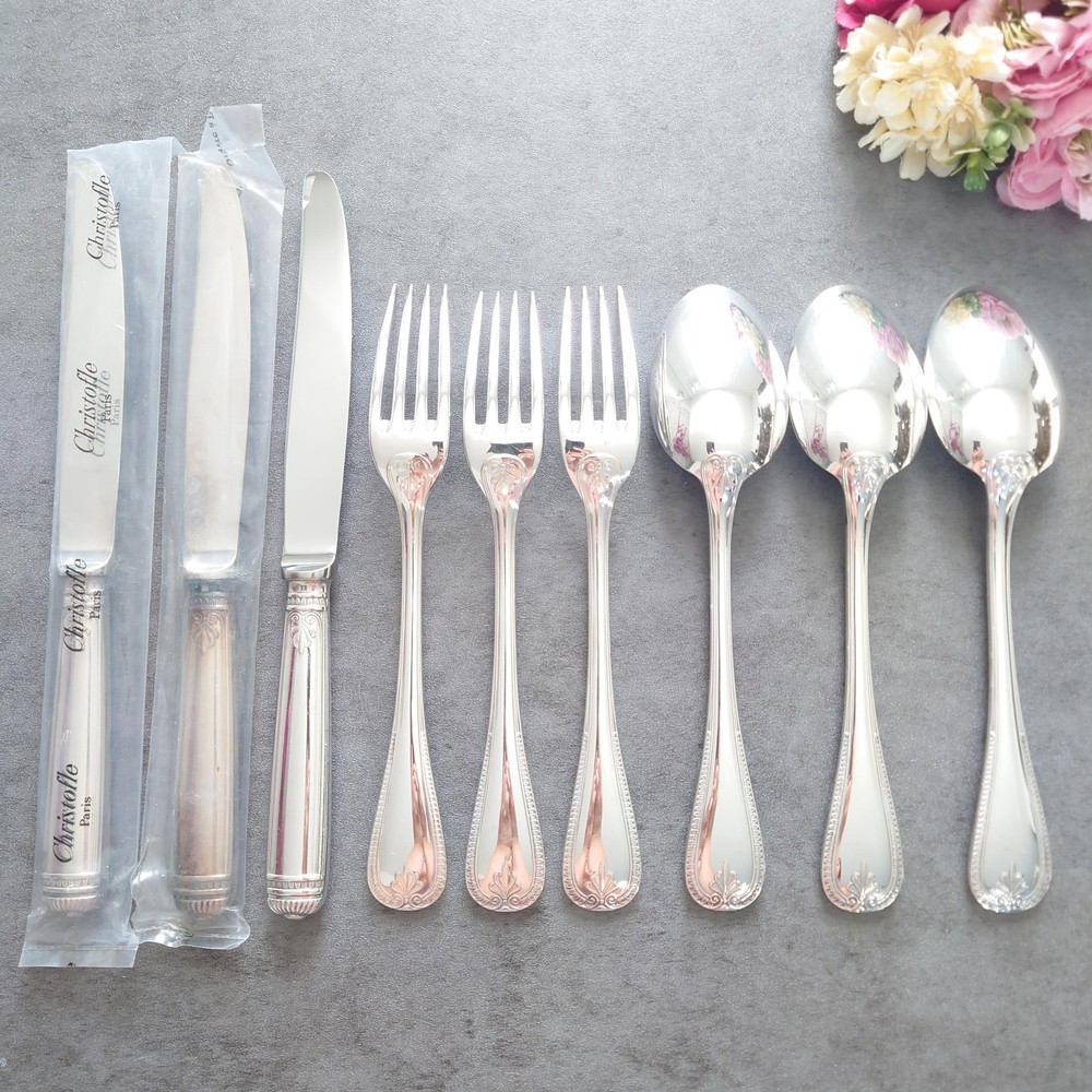 Christofle Malmaison 9pcs Silverplate Flatware Table Knife Fork Spoon Excellent