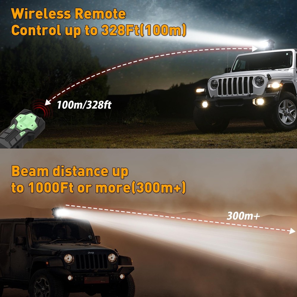 Remote Control LED Spotlight for Trucks Searchlight 50W, 360°Rotating Black