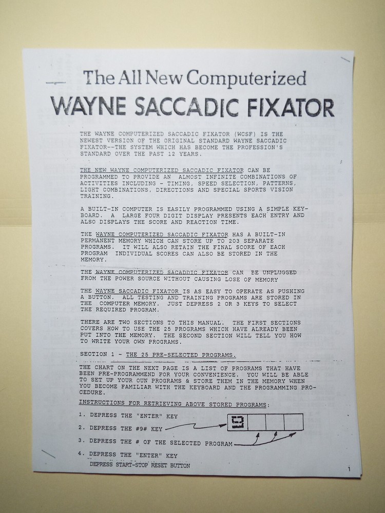 INSTRUCTIONS MANUAL for Optician's Wayne Engineering Optometric Saccadic Fixator
