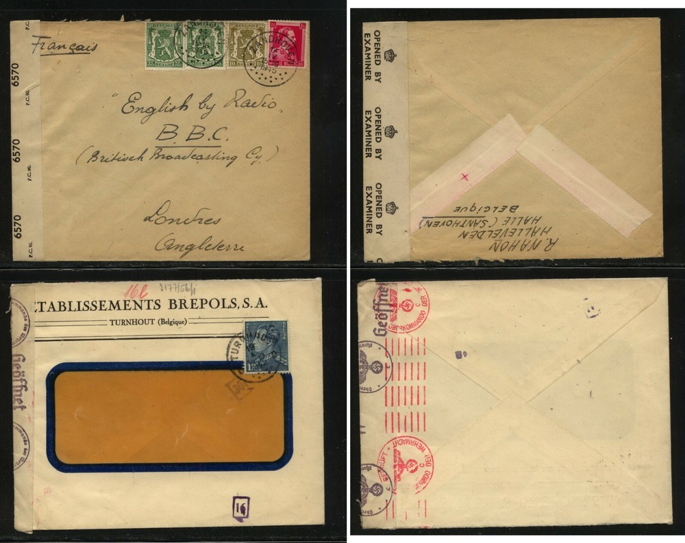 Belgium  2  censor  covers  England and German censor tapes      MS0327