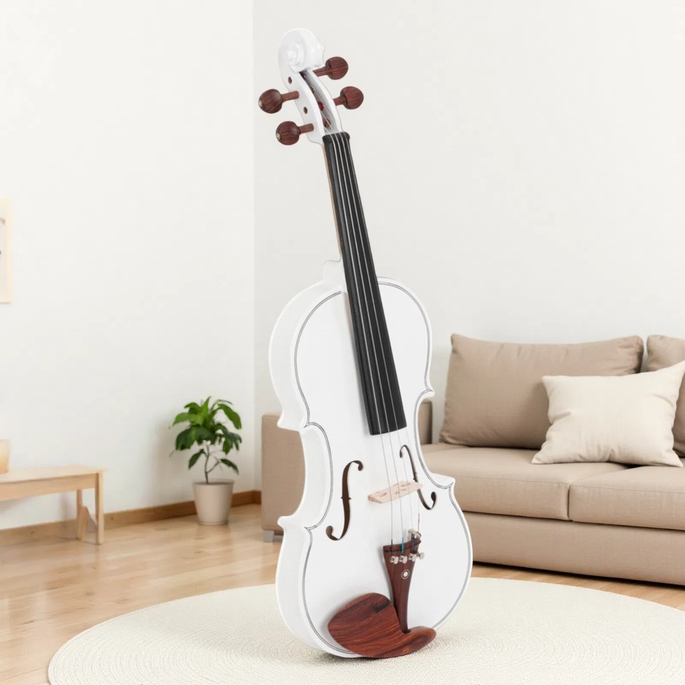4/4 Solid Spruce Top Acoustic Beginner Violin Set - Tuner, White, Shoulder Rest