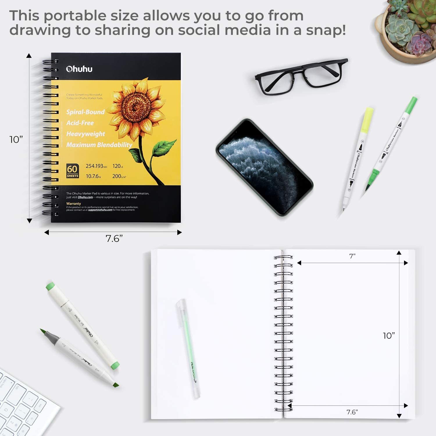 Ohuhu Marker Pads Art Sketchbook, 7.6" ×10" 120LB Heavy Smooth Drawing Papers