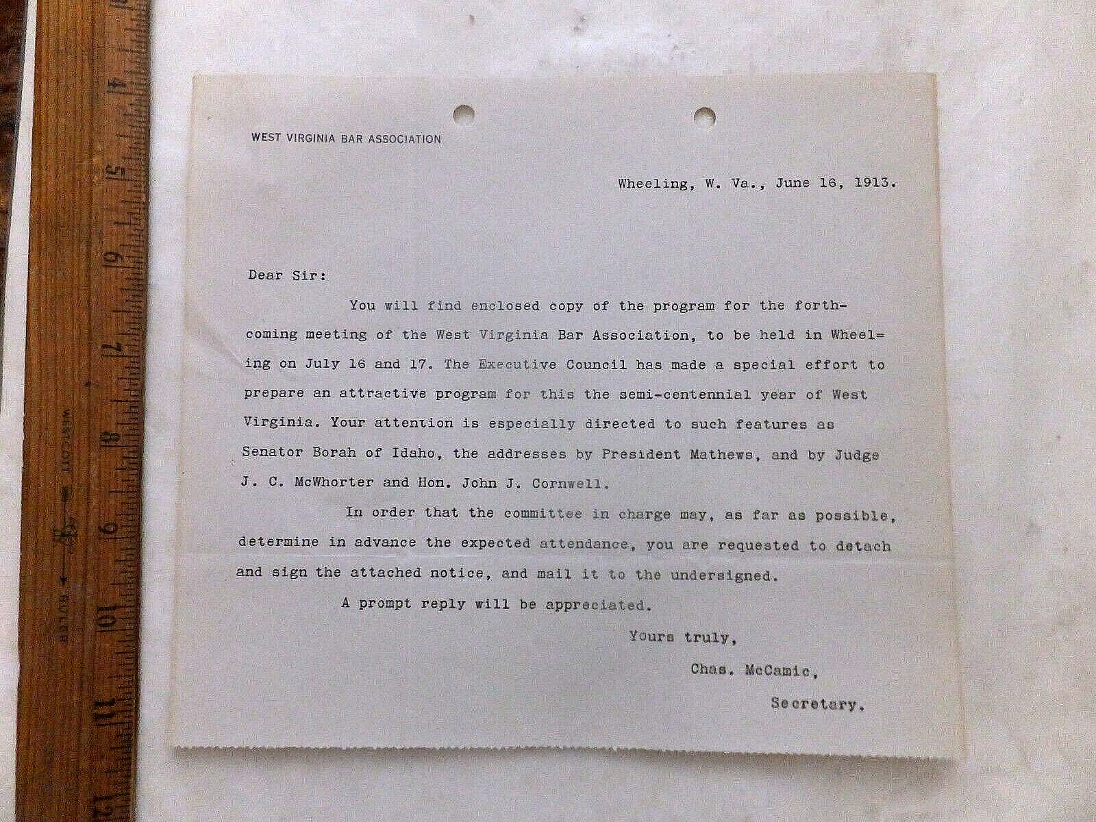 1913 West Va. Bar Assoc. Transmittal Letter for Meeting Program (Not Present)