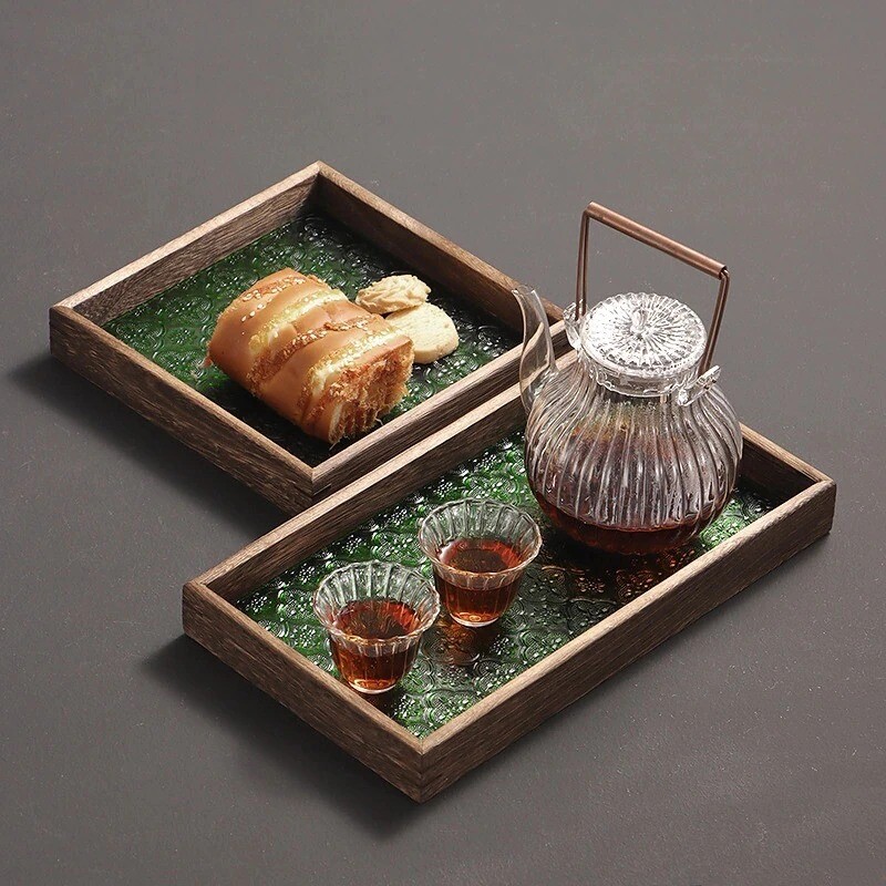 Retro Embossed Glass Tray Square/Rectangular Wooden Serving Fruit Tea Coffee Cup