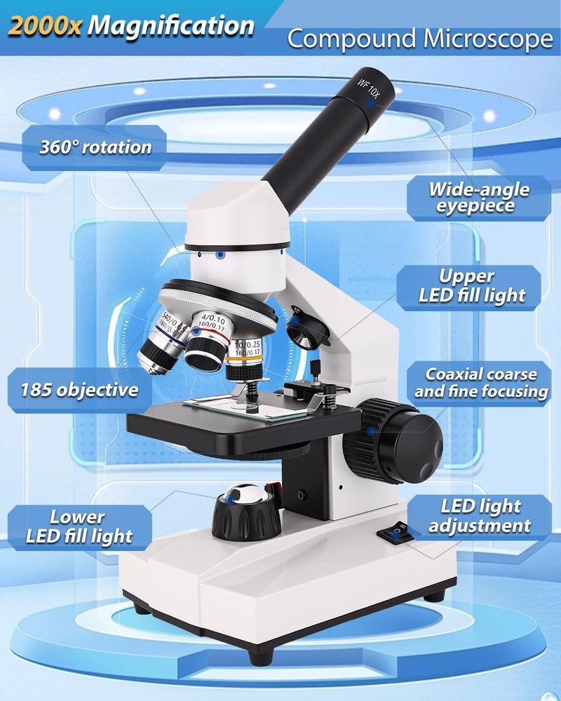 Compound Microscope, 2000x Magnification, with Smartphone Adapter, Slide Set, Du