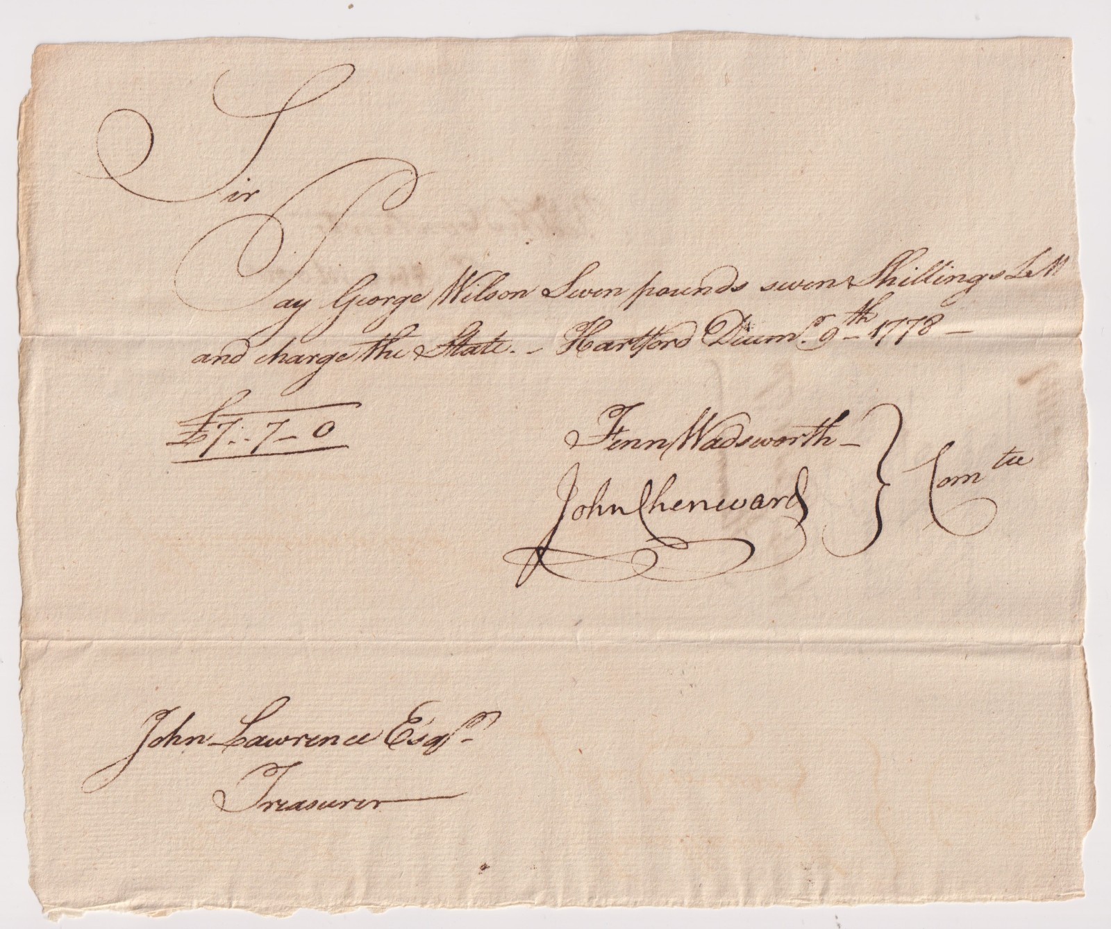 1778 Revolutionary War Document Connecticut Pay Order