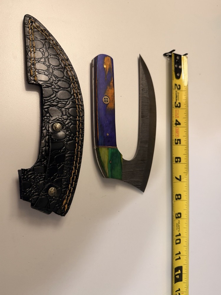 Damascus ulu-style knife