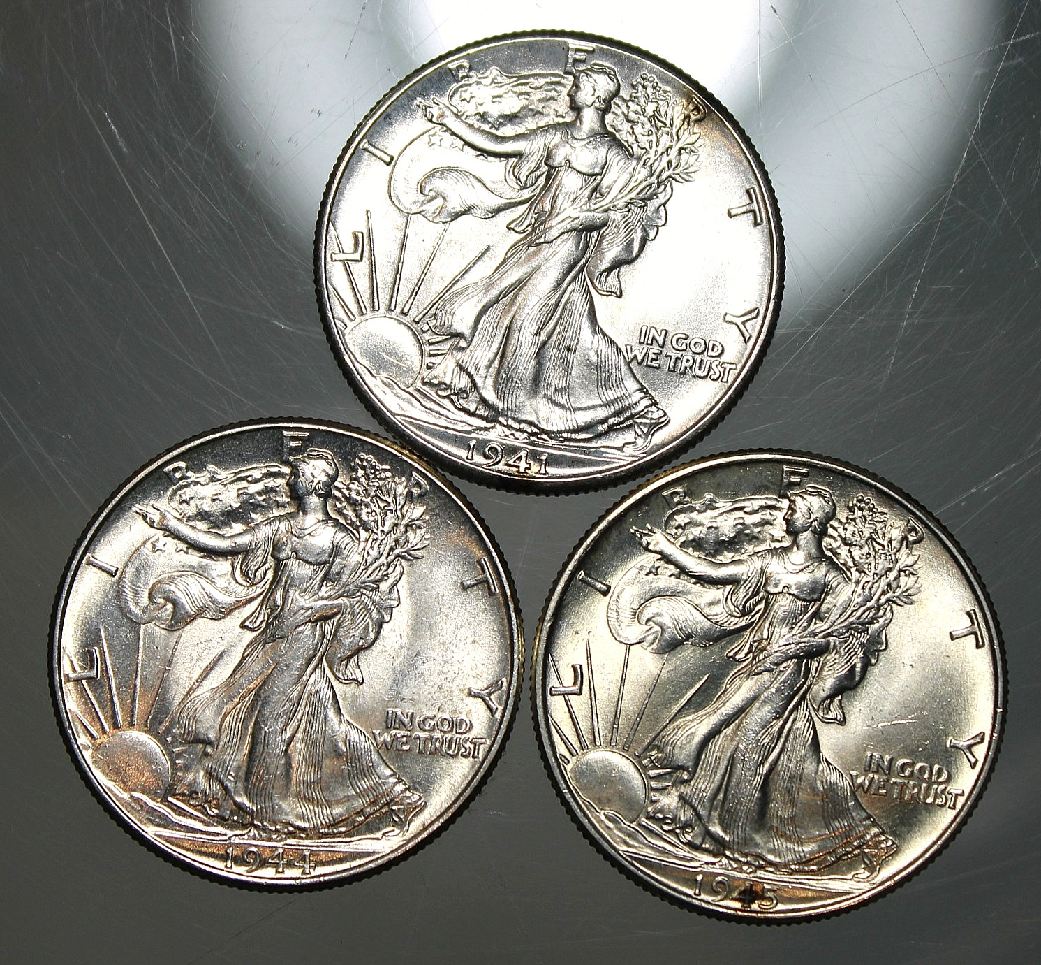 Group of 3, 1941, 1944, & 1945 Walking Liberty Half Dollars - AU/Unc !!