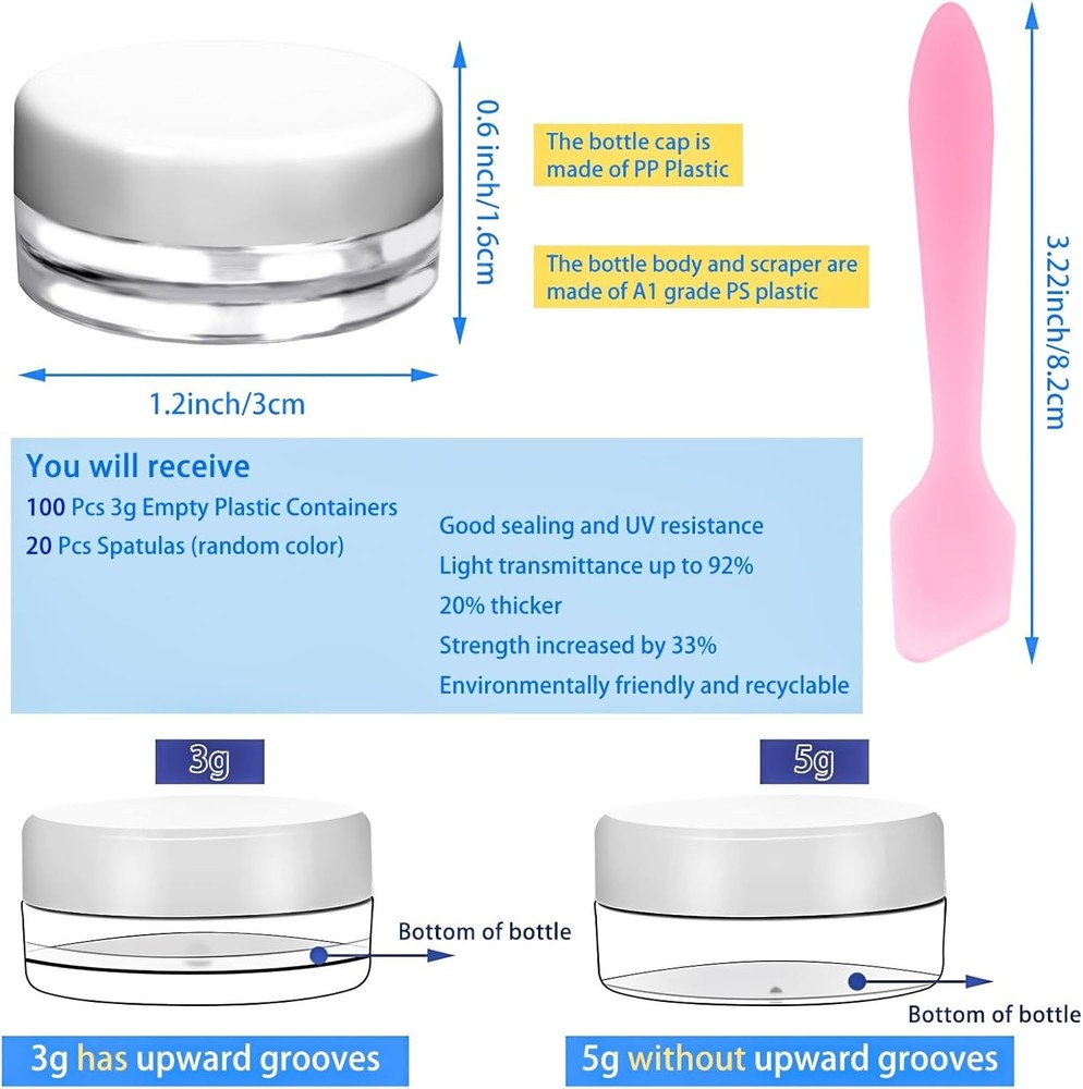 100 Pcs 3g Empty Plastic Containers with White Lids Tiny Makeup Sample Container