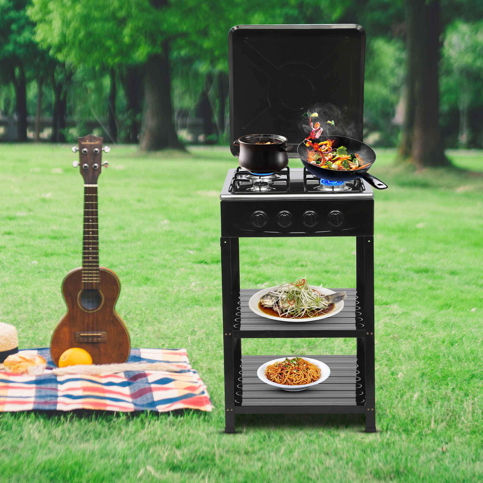 Outdoor 300000 BTU Stove Propane 4 Burner Portable Cooker BBQ Grill Windshelter