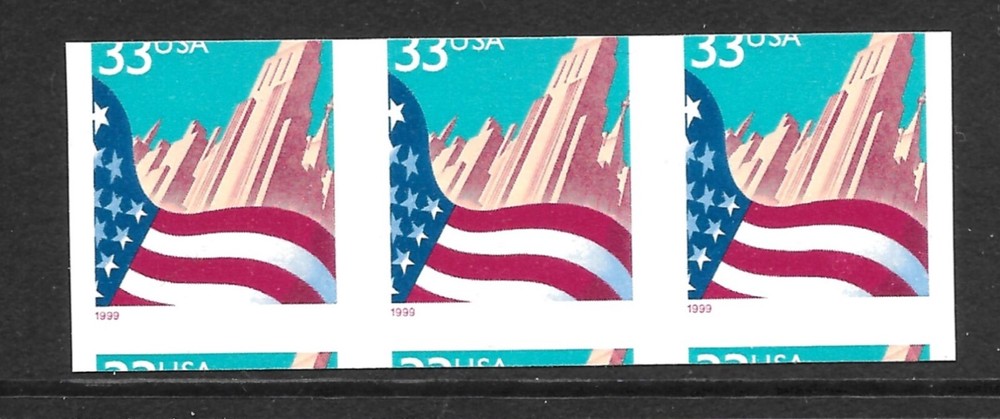 DIE-CUTTING OMITTED + MISCUT ERROR STR 3, Scott #3281a, Type I,  MNH, Cat. $30pr