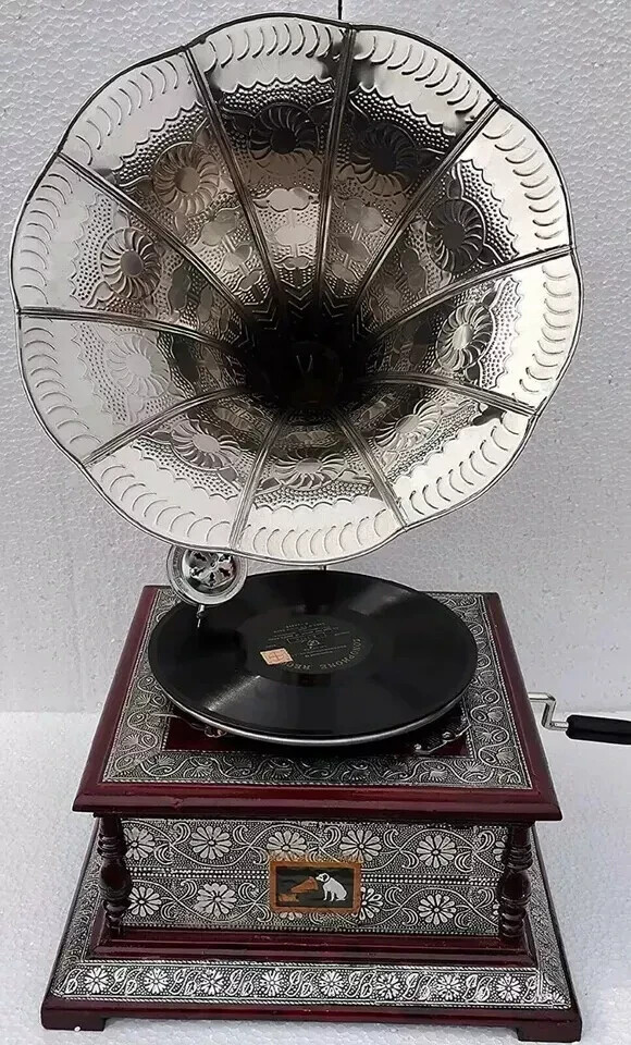 Silver Gramophone HMV Fully Functional working Phonograph win-up record player