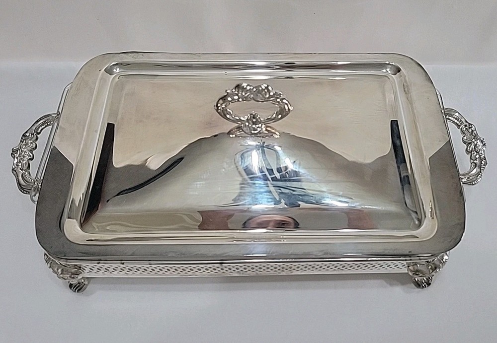 Vintage Silverplate Serving Dish w/Lid & 2 Qt Glass Insert Patina 16 1/2" L