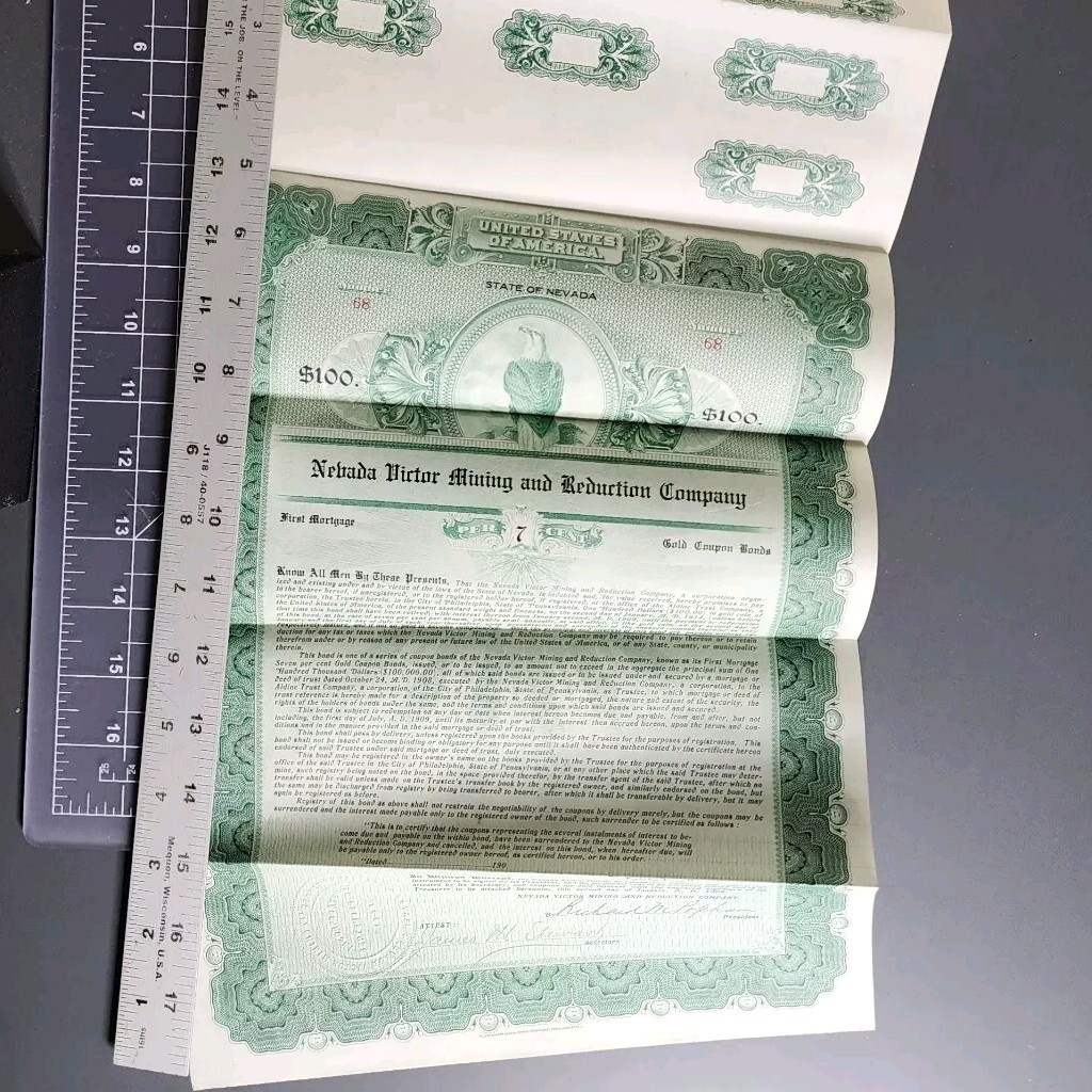 Nevada Victor Mining Reduction Co. Gold Coupon Bond 1908 First Mortgage #68