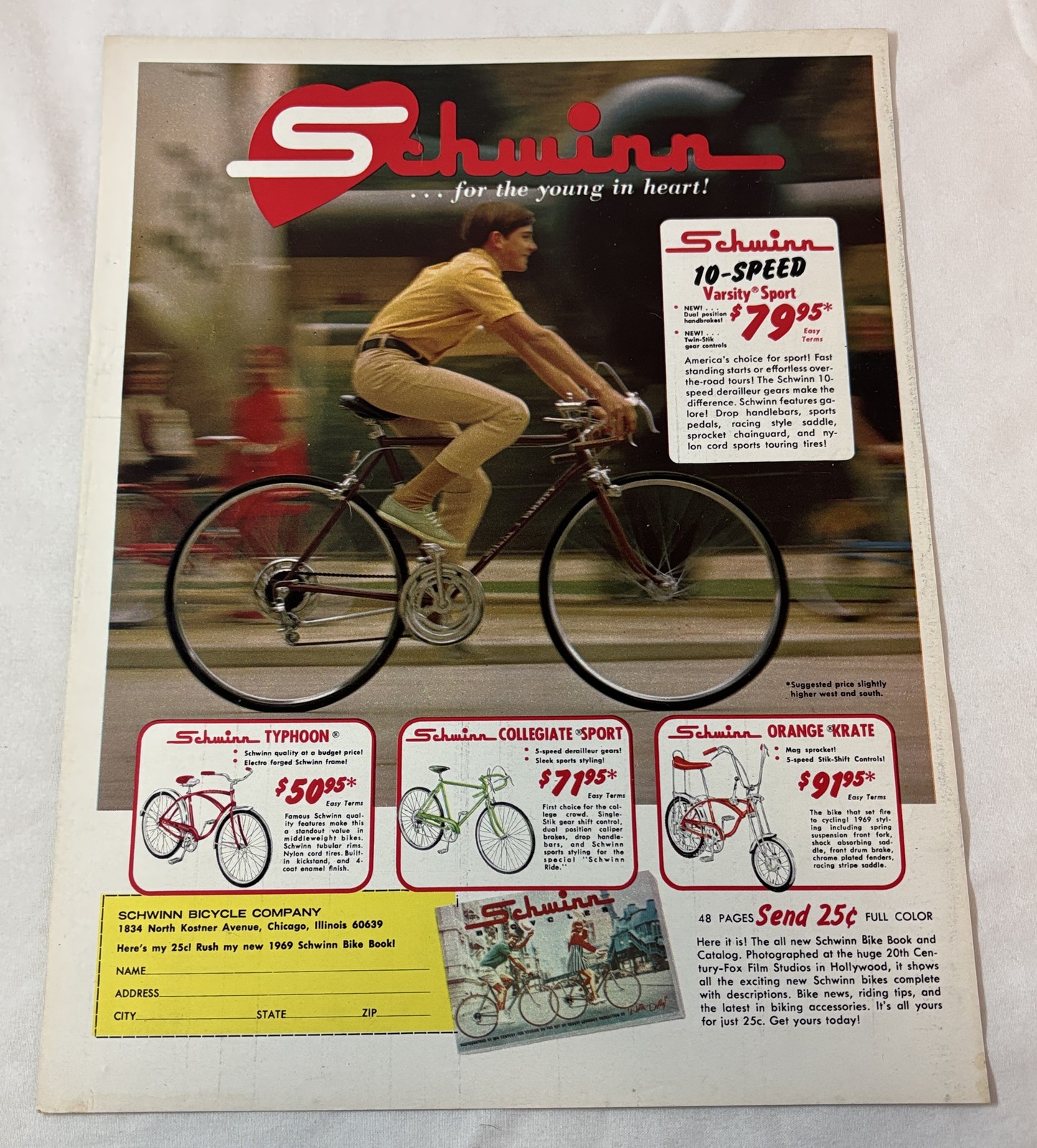 1969 Schwinn bicycle ad~ 10-SPEED, TYPHOON, COLLEGIATE SPORT, ORANGE KRATE