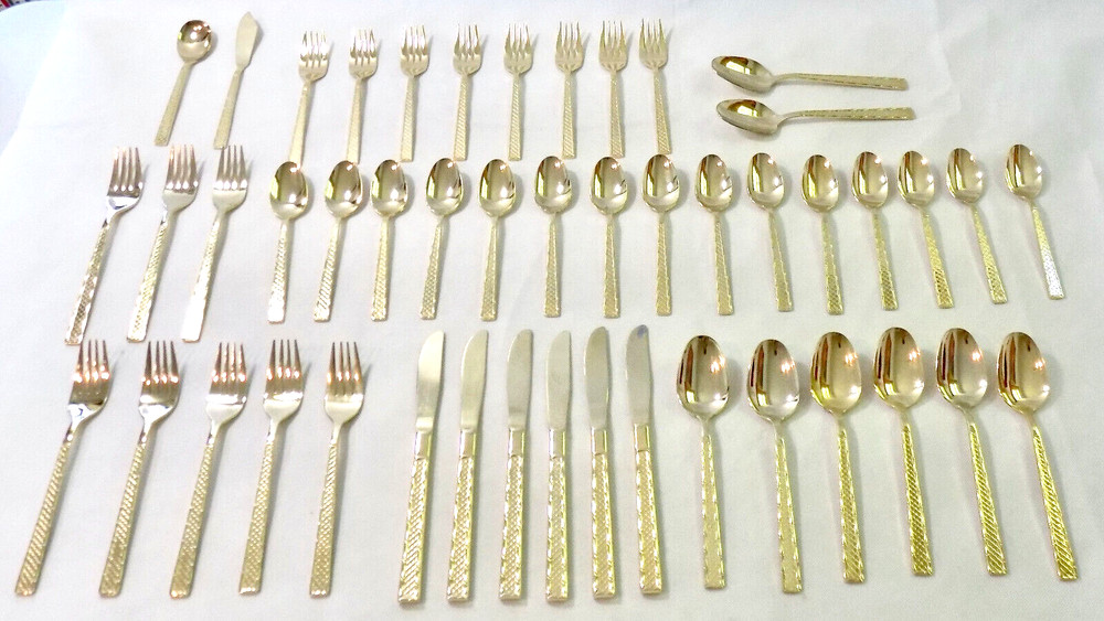 47 pc Stanley Roberts Arbor Pattern Gold Electroplate Flatware Set + Chest