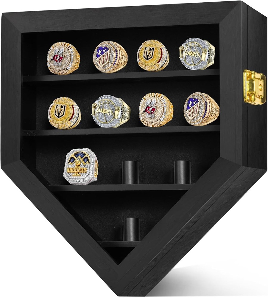 Championship Ring Display Case 12 Posts, Sports Case, Black