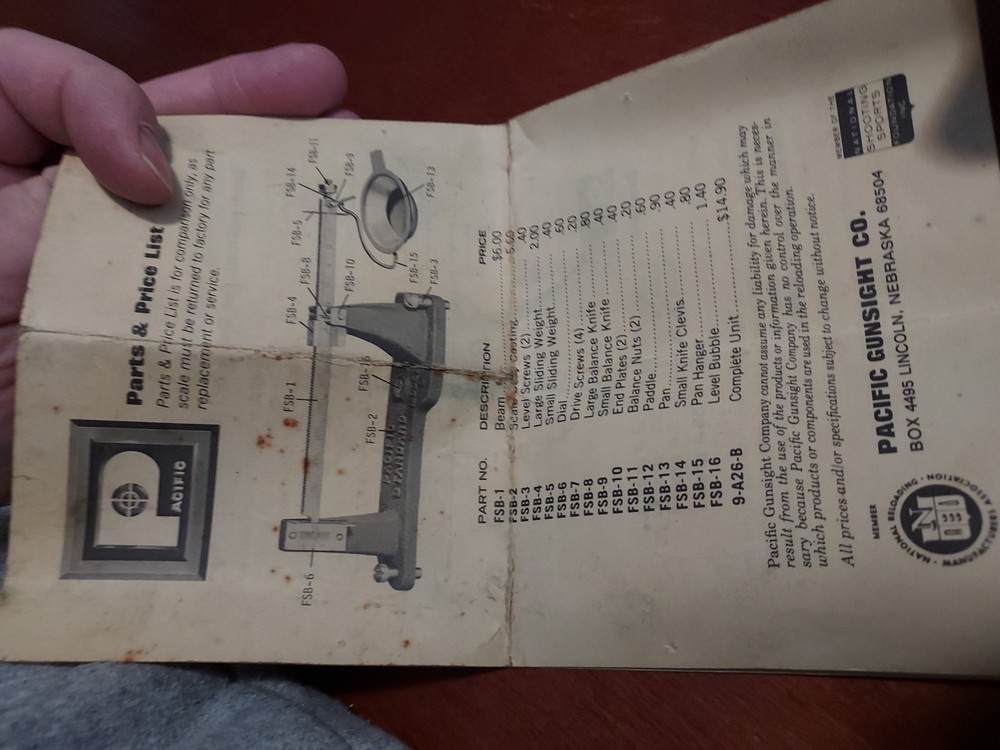 Pacific Powder Balance Beam Reloading Scale Missing Mod B, Measure Cup