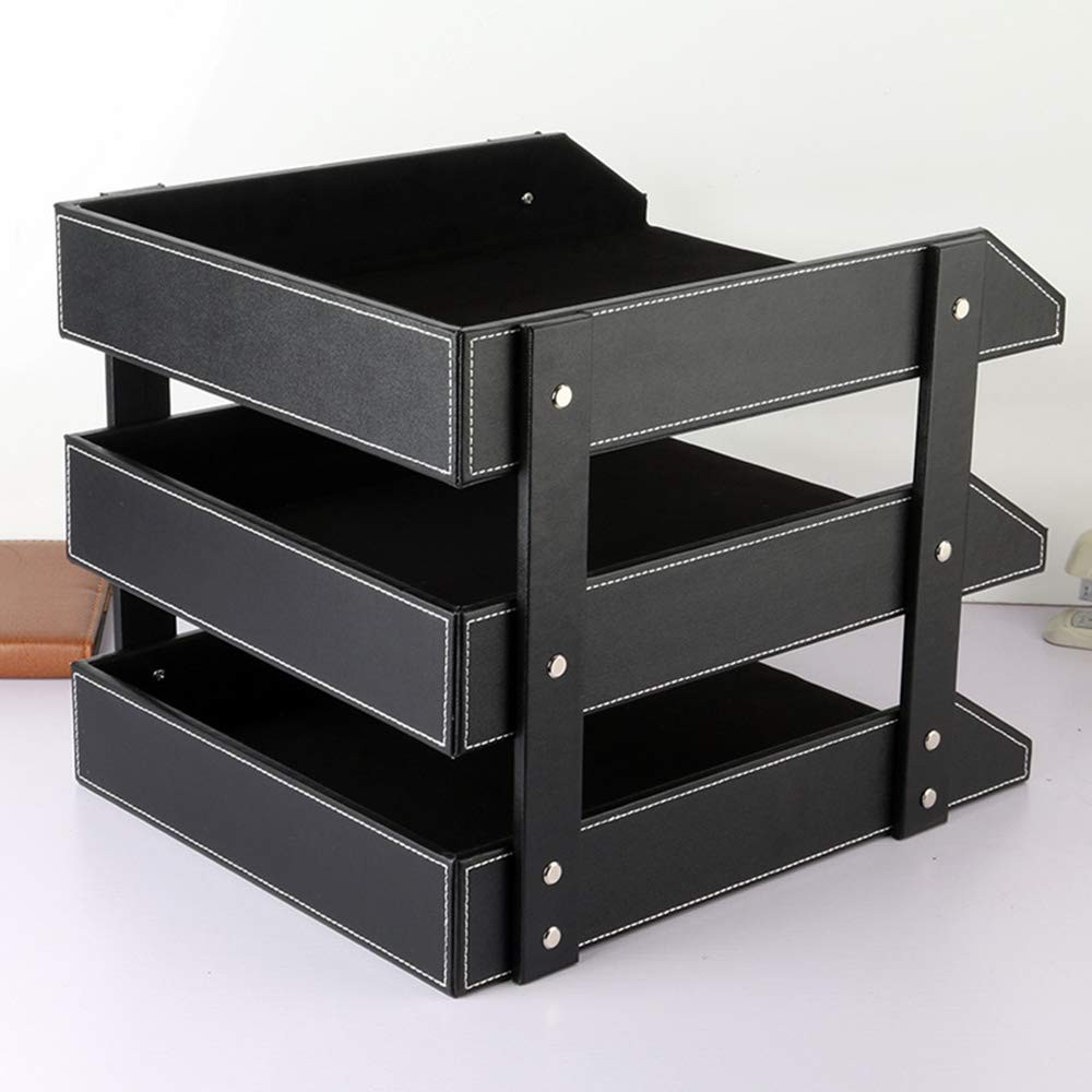 Leather Desk File Organizer, 3-Layer Stackable Tray, Used to documents, folde...
