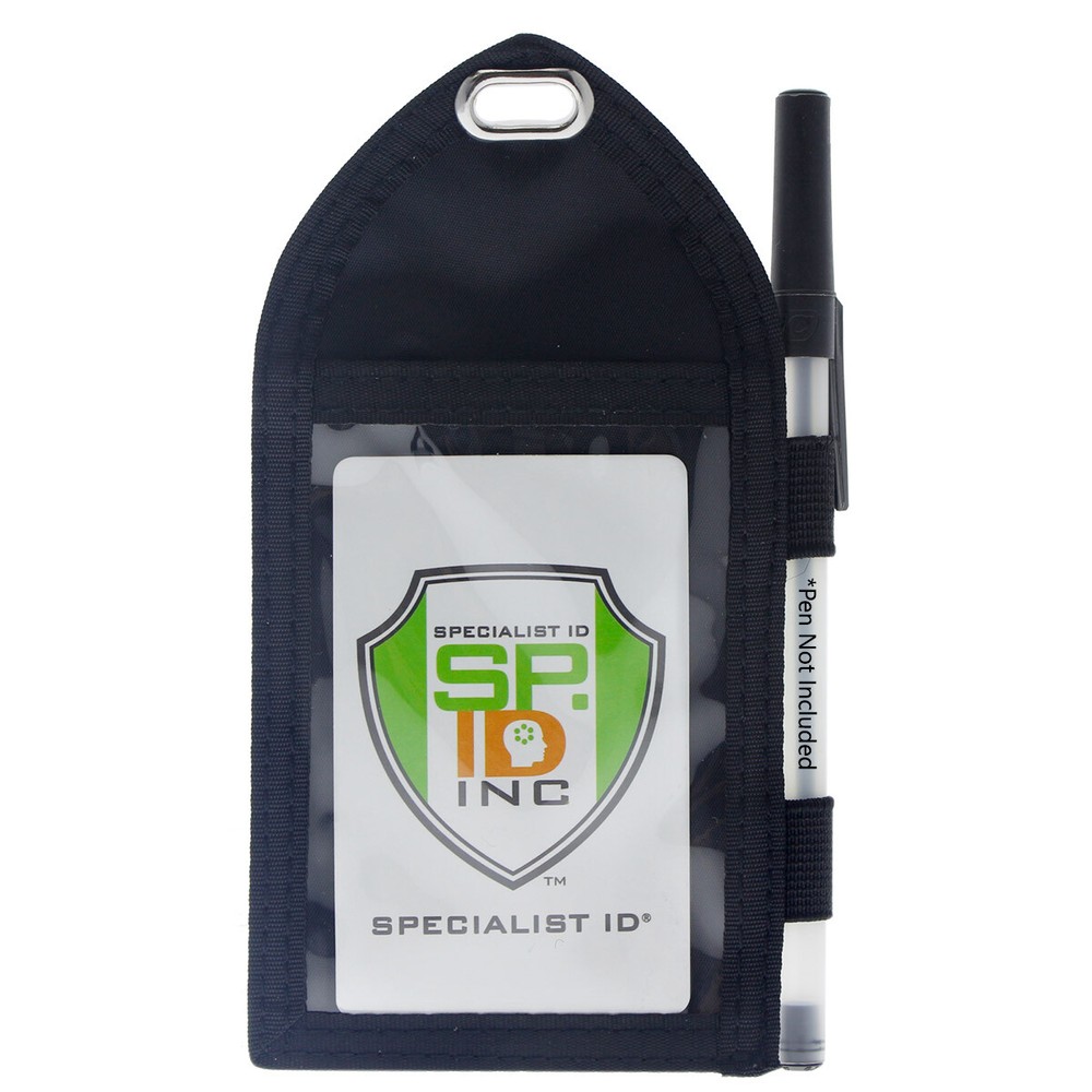 Nylon Badge Holder with Pen Loop - 2 Pockets - Window Front - Hidden Back Pouch