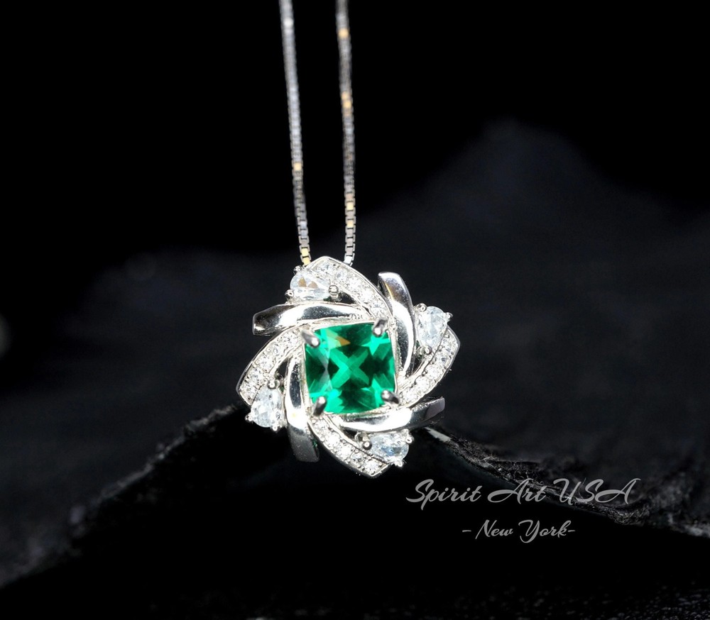 Tiny Square Emerald Necklace - 18kgp @ Sterling Silver - Gemstone Windmill
