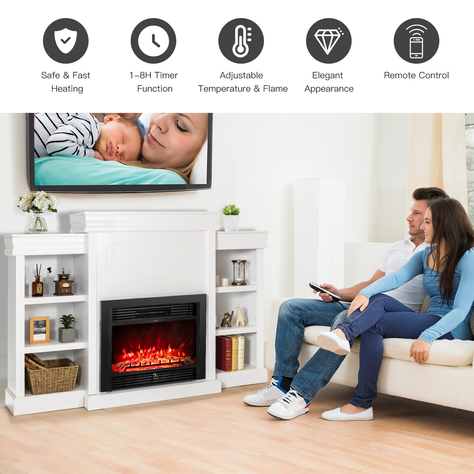 70" Fireplace TV Stand Media W/ 28.5" 750W/1500W Electric Fireplace White