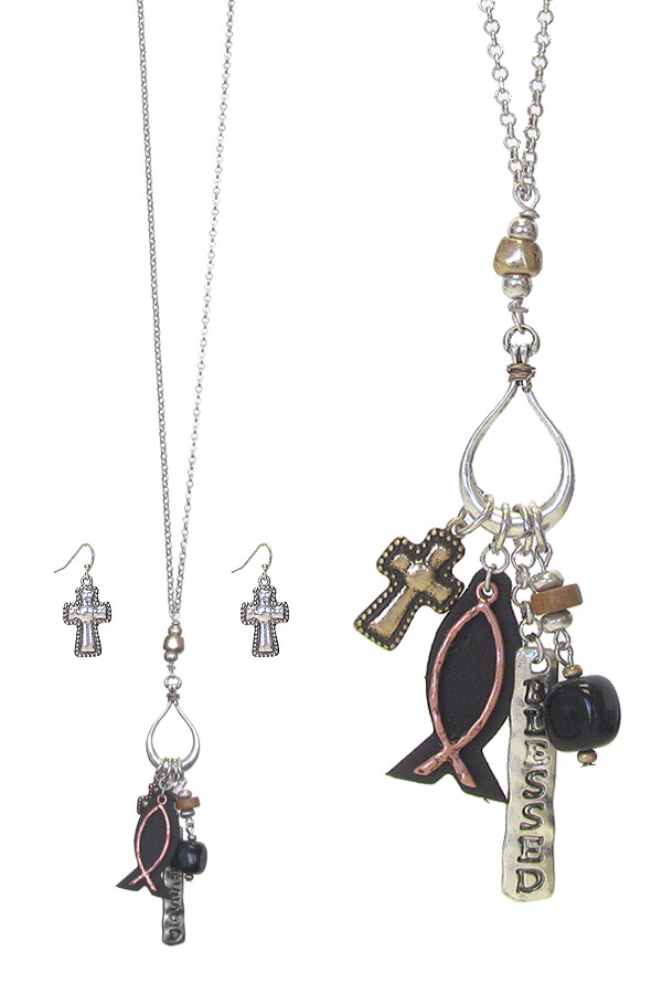 Religious Theme Multi Charm Pendant Necklace Set Blessed Cross Fish