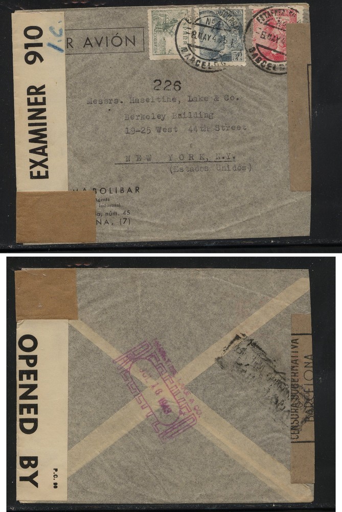 Spain  nice  double  censor cover  to  US  1943      KL1119