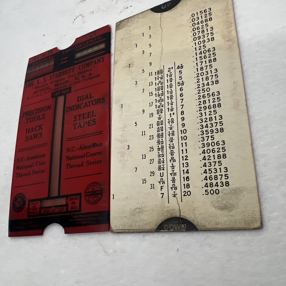 VINTAGE STARRETT DECIMAL EQUIVALENT & TAP DRILL SIZES POCKET CHART