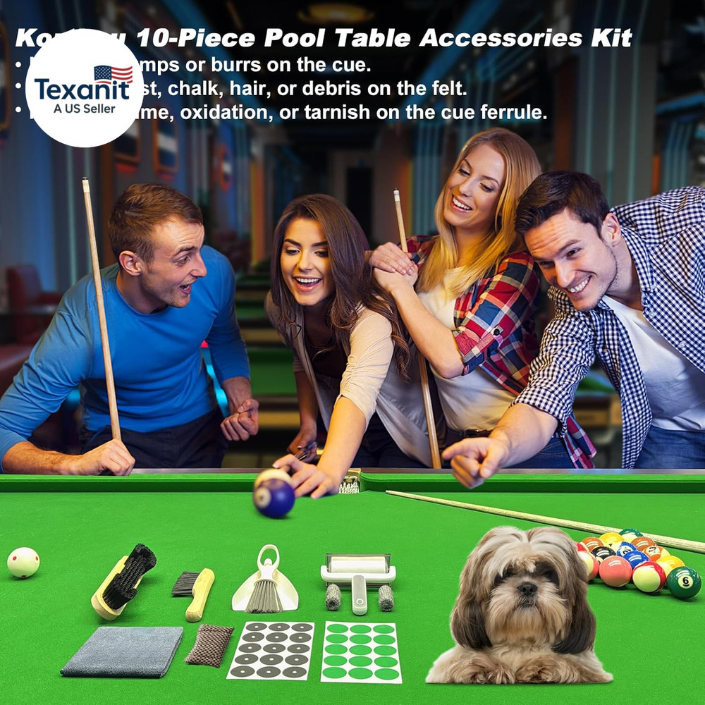 Billiard Pool Table Accessories Kit: 10 Piece Set with 2 Pool Table Brushes,2 Fe