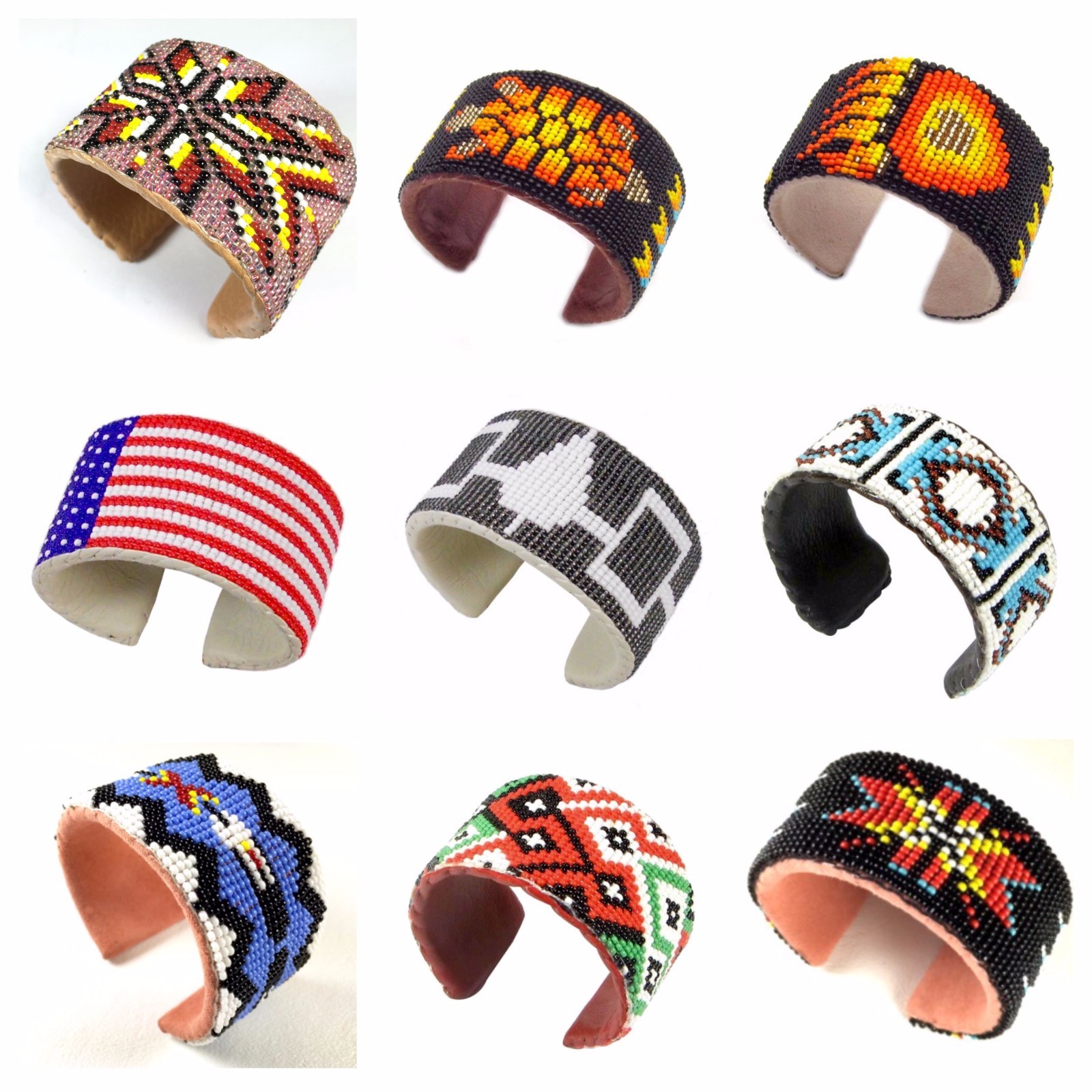 Native Style Handmade Beaded Hard Multi-color Cuff Bracelet Genuine Leather 1.5