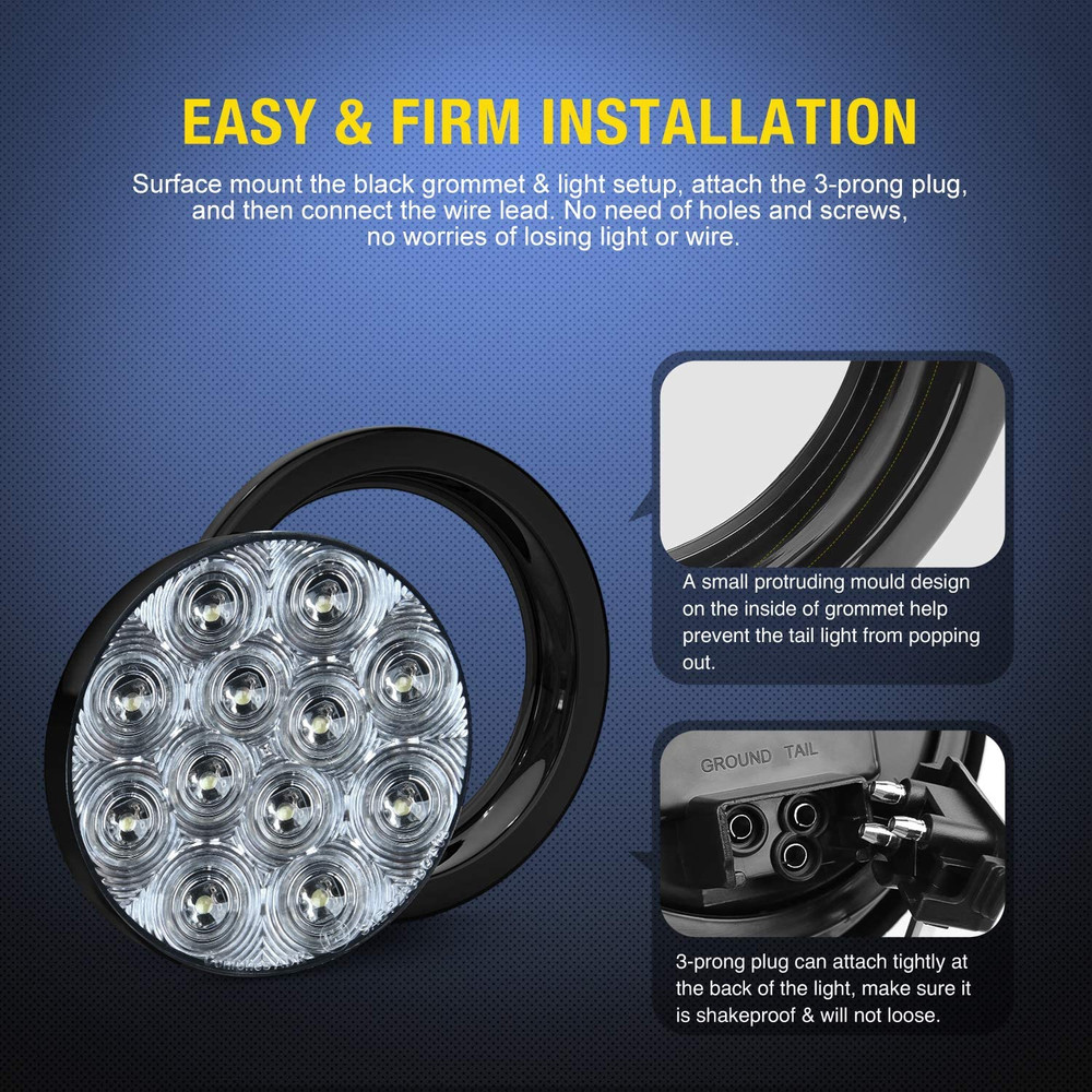 2PCS 4" White round LED Reverse Back up Light W/Surface Mount Grommet P